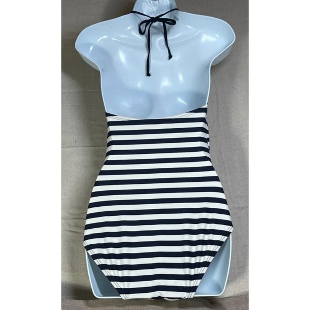 Michael Kors‎ One Piece Swimsuit Navy White Stripe Halter MK Logo Size 8